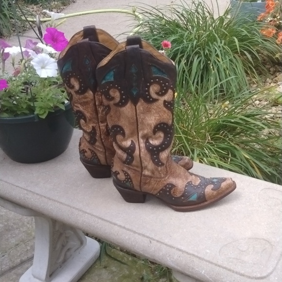 CORRAL AB019 "El Paso" leather snip toe cowgirl boot tan/brown/turquoise sz 9.5 - Picture 2 of 14